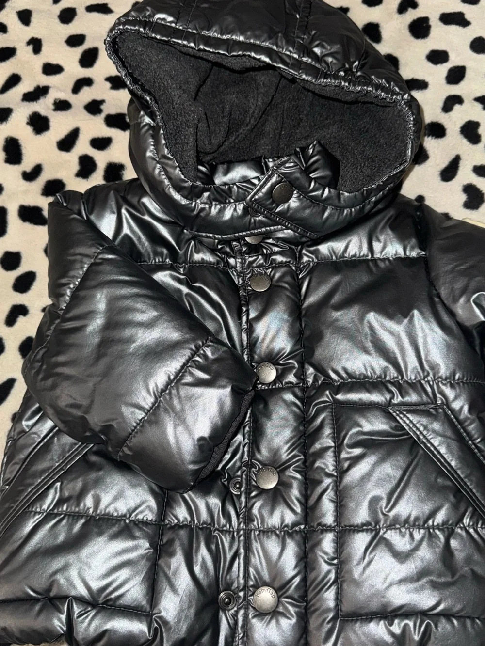 GAP Shiny Black Quilted Puffer with Hood